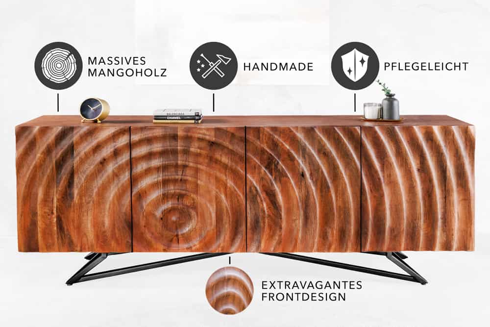 Design Sideboard ZEN 180cm braun Mangoholz mit 3D Schnitzereien Metallgestell schwarz handmade