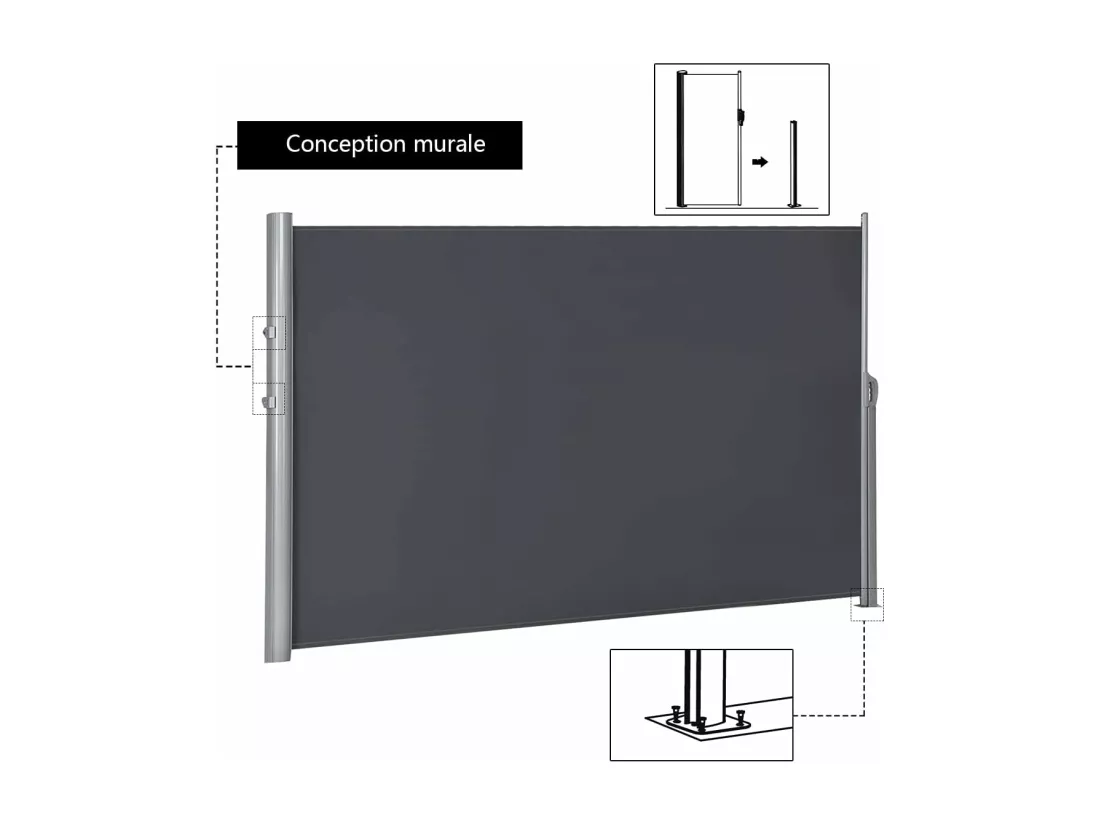 Brise Vue Rétractable 300x 160CM en Aluminium Store Latéral pour Balcon Terrasse Jardin Bureau Tissu et velours en Plastique et vinyle, Gris