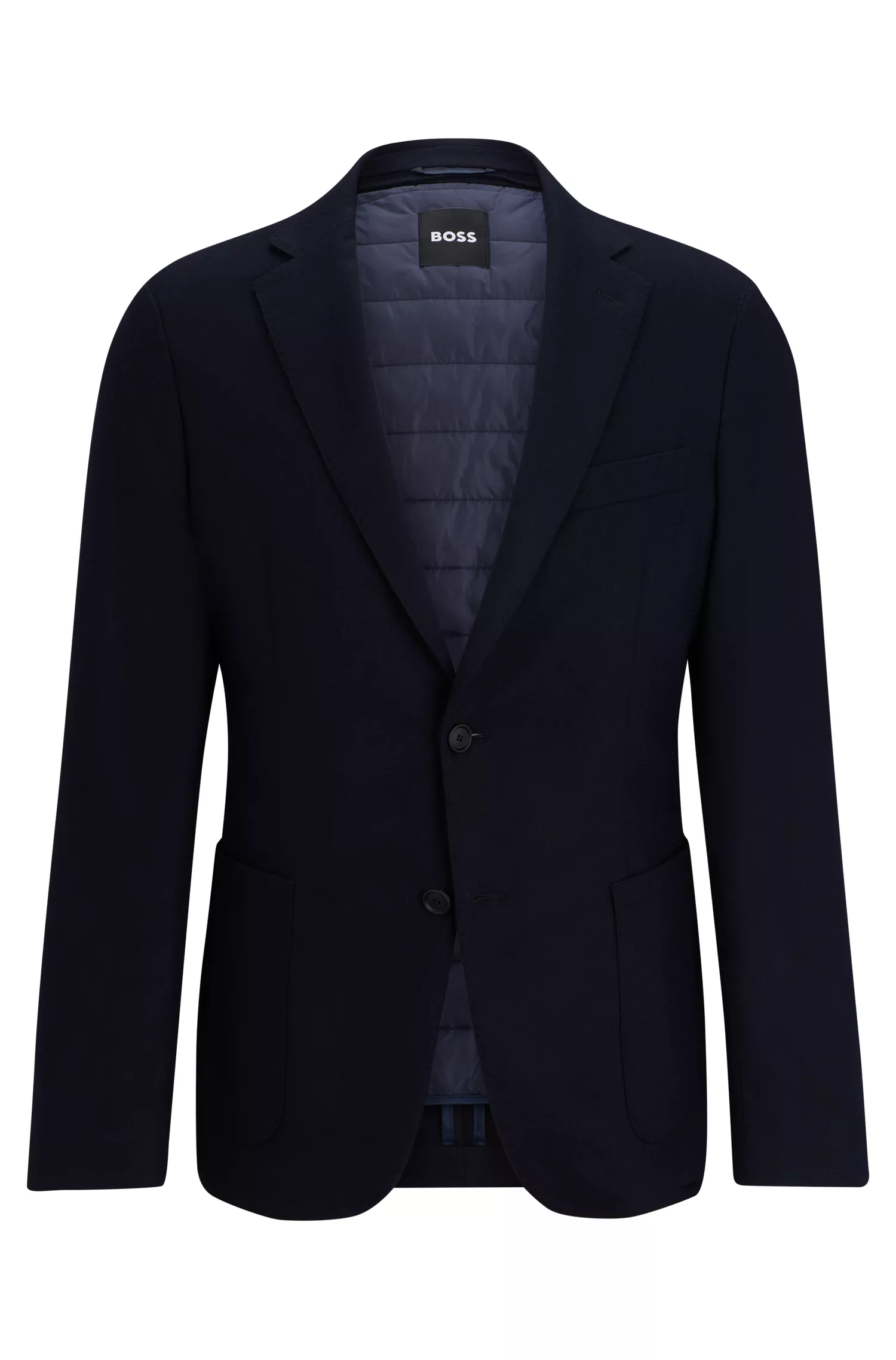 Blazer BOSS preto, corte slim, com um botão, em tecido elástico.