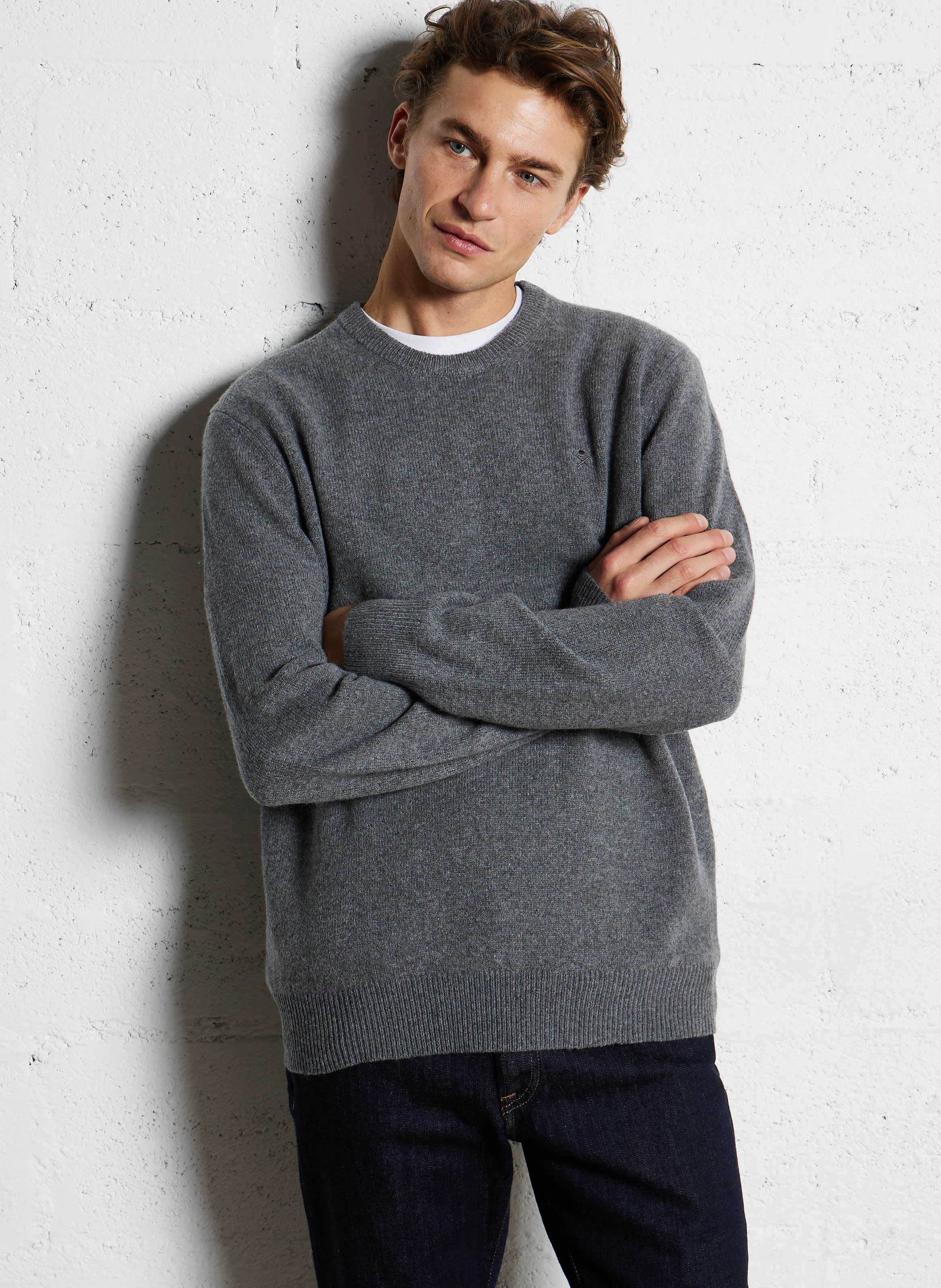 Pull regular-fit col rond brodé en laine | Gris