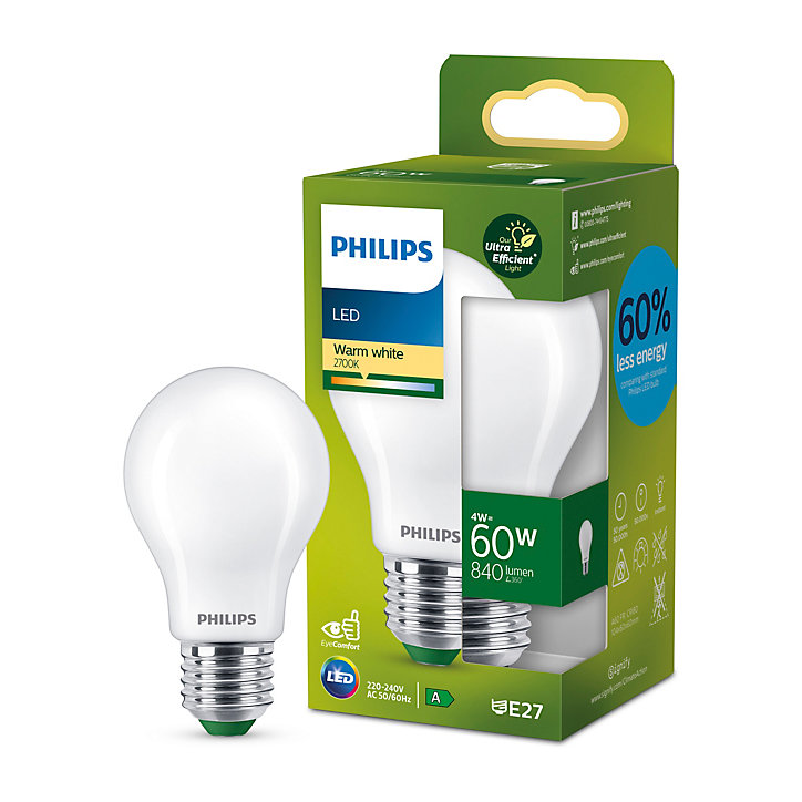 Ampoule LED E27 blanc chaud Philips Ultra efficient A60 840lm 4W=60W
