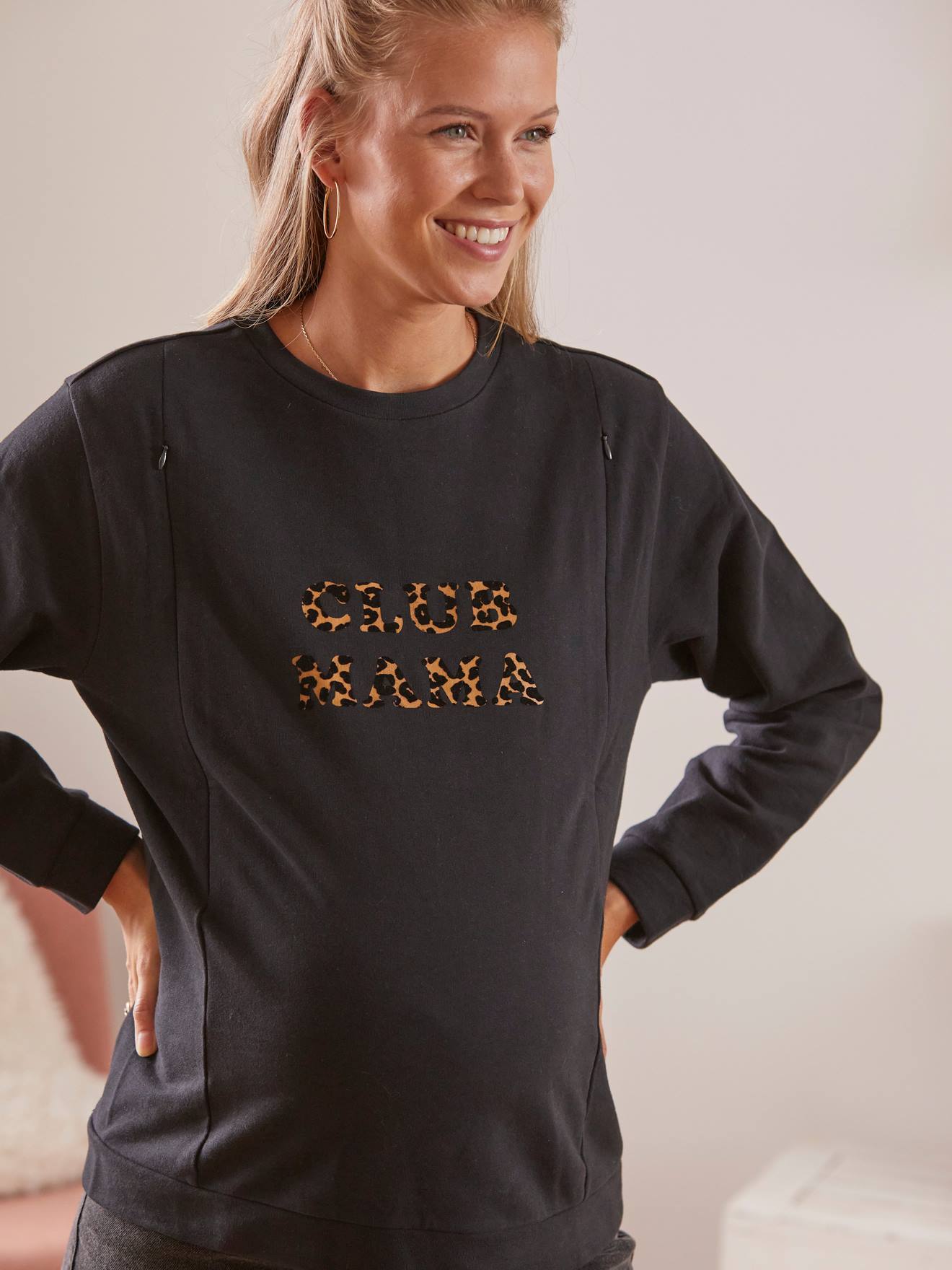 Moletom de lã com mensagem para gestantes e lactantes, preto liso com estampas.