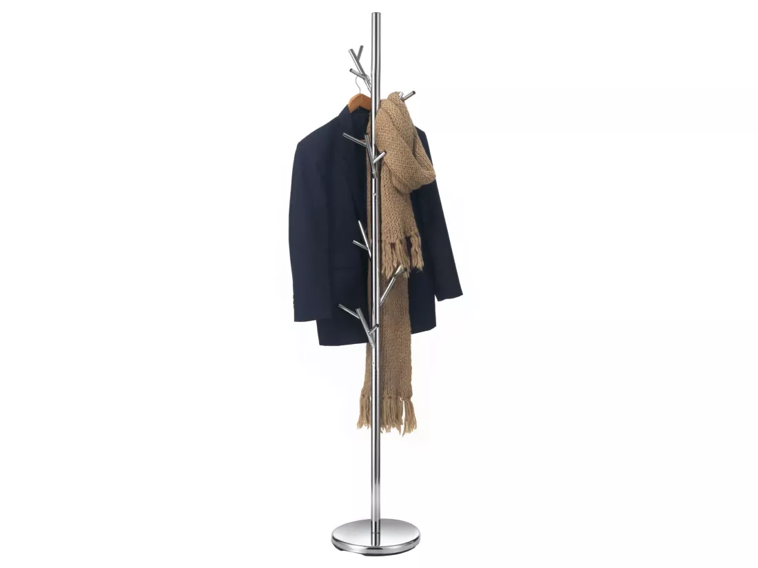 Porte-manteaux ZENO portant à vêtements sur pied en forme d'arbre avec 6 crochets sur différentes hauteurs, en métal chromé