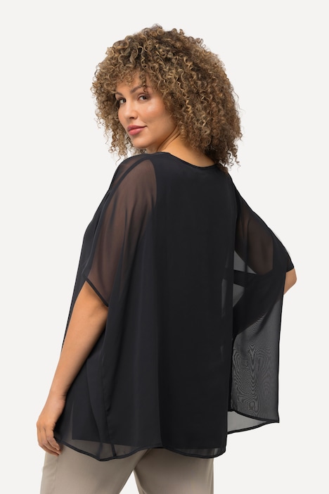 Chiffonbluse, Oversized, Rundhals, Halbarm