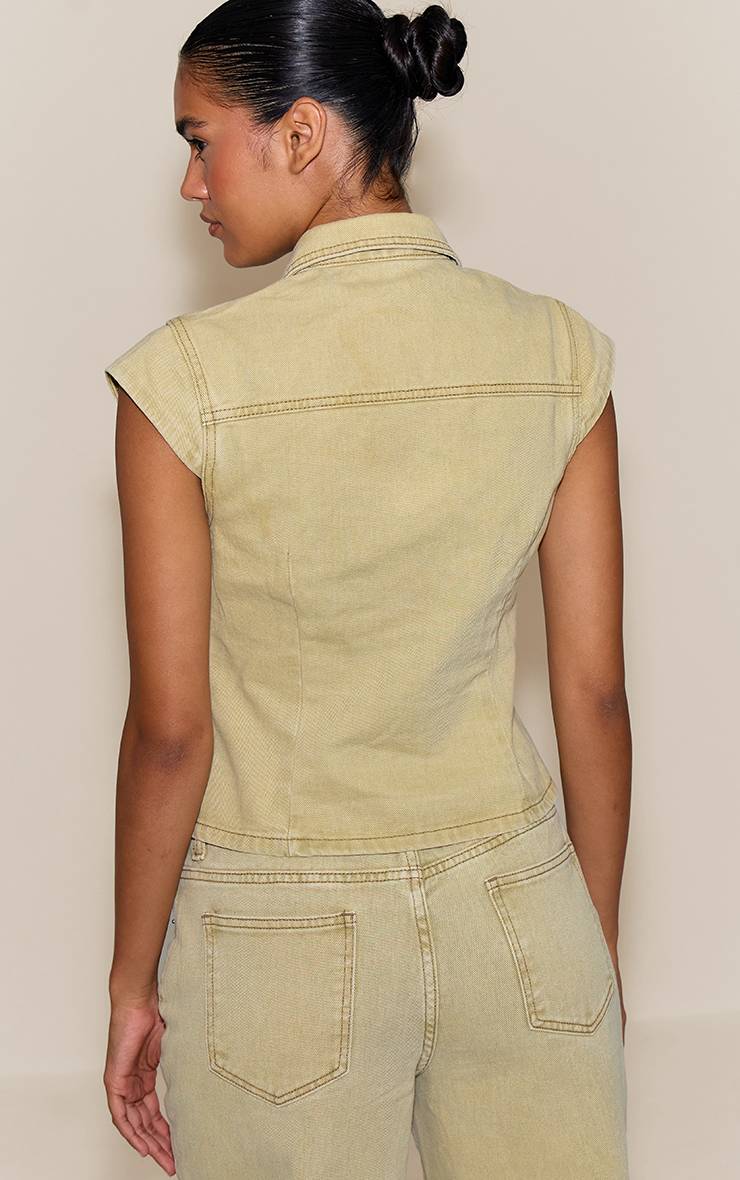 Washed Light Sage Chemise En Denim Cintrée À Manches Courtes