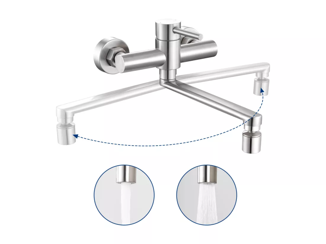 2PCS Cecipa MAX Mitigeur de Cuisine Mural Brossé, Robinet Evier Mural avec 2 Jets, Mitigeur Cuisine Pivotant à 360° Robinetterie d'évier