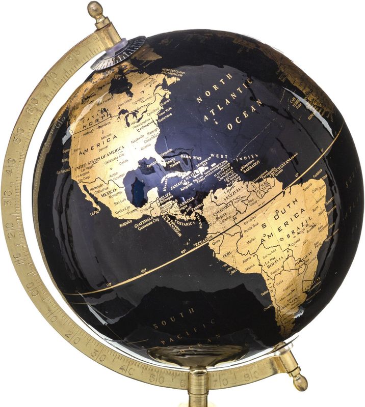 Decoratie wereldbol/globe zwart/goud op metalen voet D20 x H33 cm - Landen/continenten topografie
