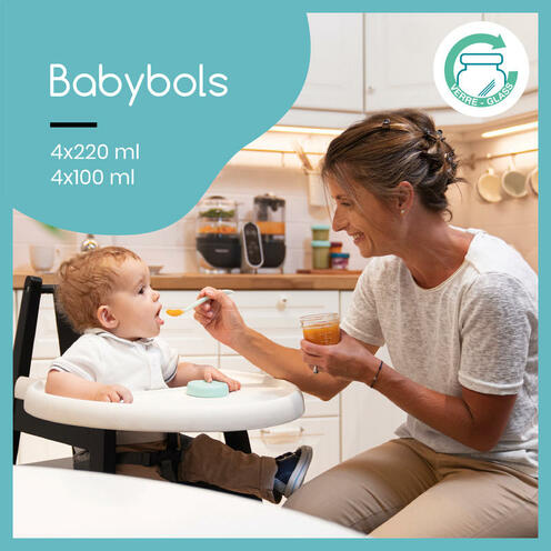 Babybols - 8 Pots de Conservation en Verre 100 & 220 ml - Hermétiques - Livret Recettes Bio inclus - BABYMOOV