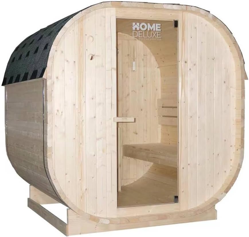 Home Deluxe - Outdoor Sauna Cube L - Maße: ca. 194 cm x 185 cm x 180 cm, Holz: Fichtenholz - inkl. Saunaofen und Saunazubehör I Gartensauna, Außensauna, Sauna Fass für 4 Personen