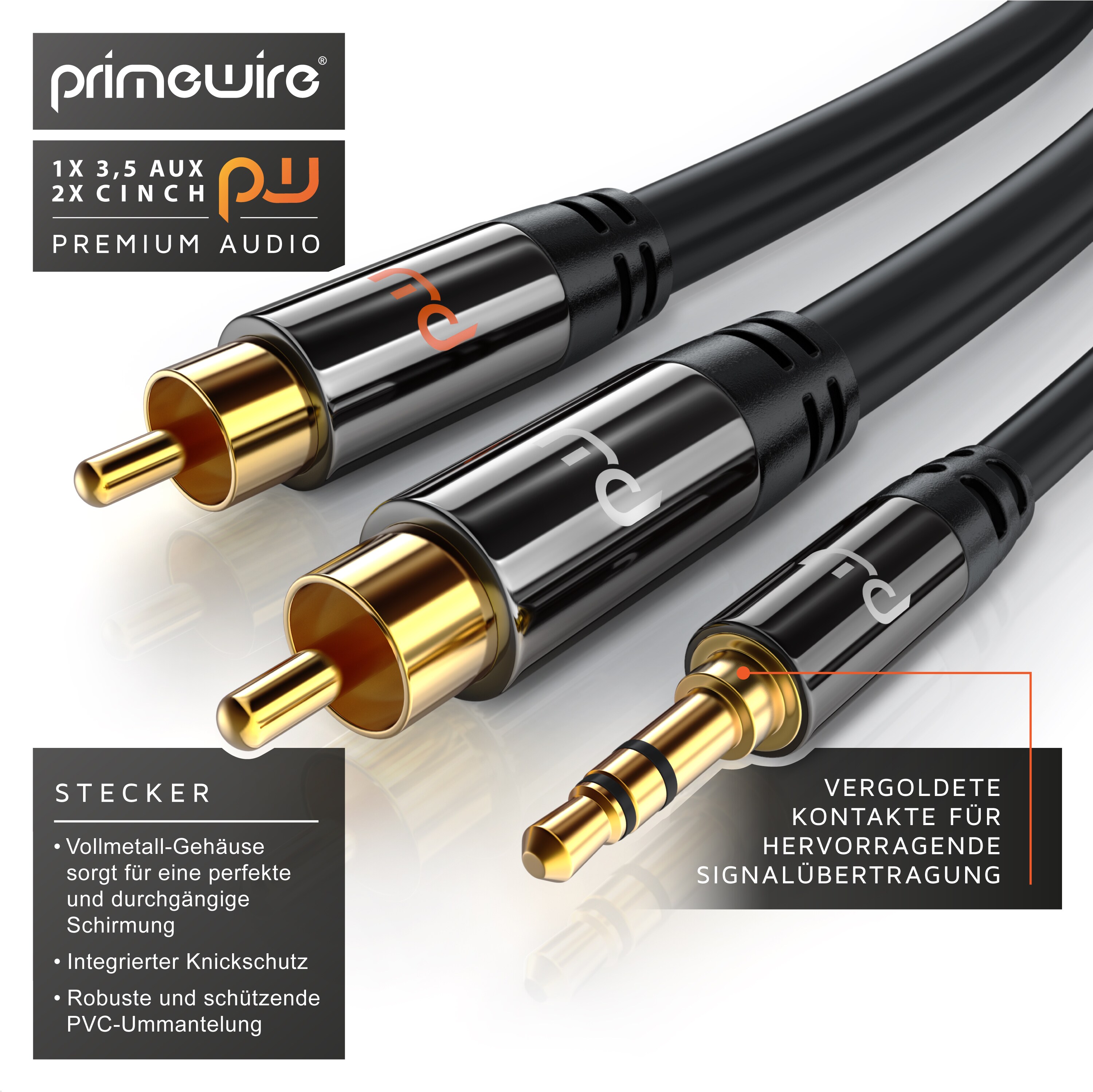 Primewire Cinch zu 3,5-mm-Klinke Audio-Kabel, Stereo HiFi Audio-Adapter mehrfach geschirmt, RCA zu AUX - 2m