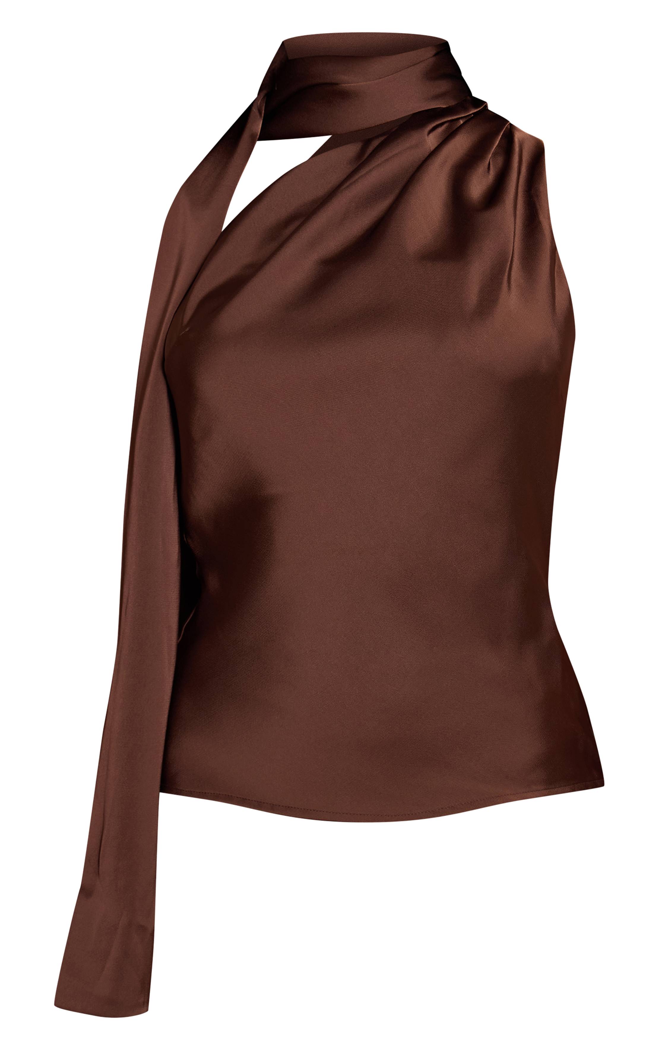 Chocolat Top En Satin À Détail Foulard Asymétrique