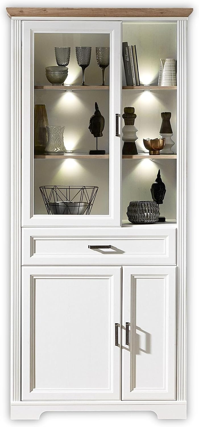 JASMIN Große Vitrine in Pinie hell, Artisan Eiche Optik - Vitrinenschrank mit LED-Beleuchtung und viel Stauraum im Landhausstil - 93 x 204 x 42 cm (B/H/T)