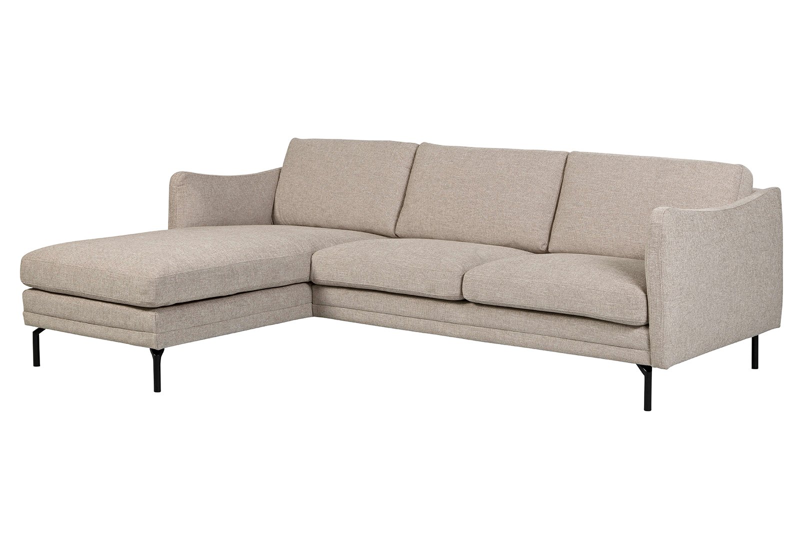Avignon sjeselongsofa 2,5-seter med sjeselong venstre i tekstil Marsel Beige med komfort C1, Broadway sort metall ben og Ella arm