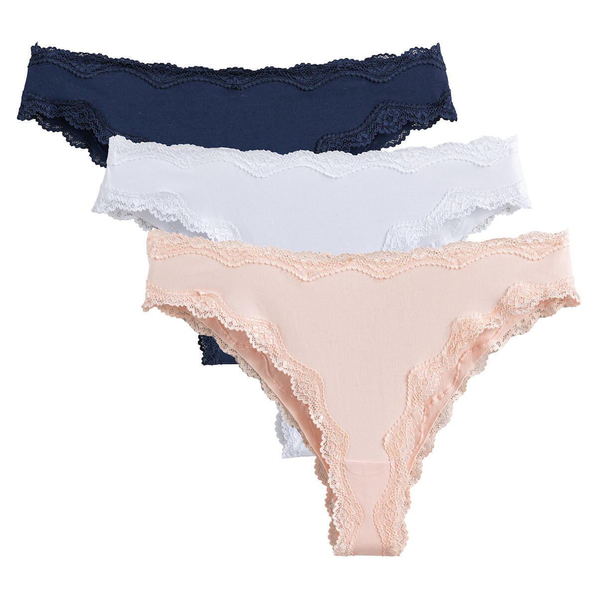 COLEÇÃO LA REDOUTE<br>Conjunto de 3 tangas em algodão e renda
