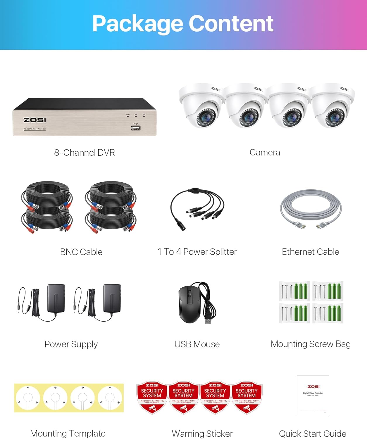 ZOSI 1080P Außen Überwachungskamera Set 8CH H.265+ 2MP DVR mit 4X 1080P Dome Kamera ohne Festplatte 24M IR Nachtsicht für Heimüberwachung