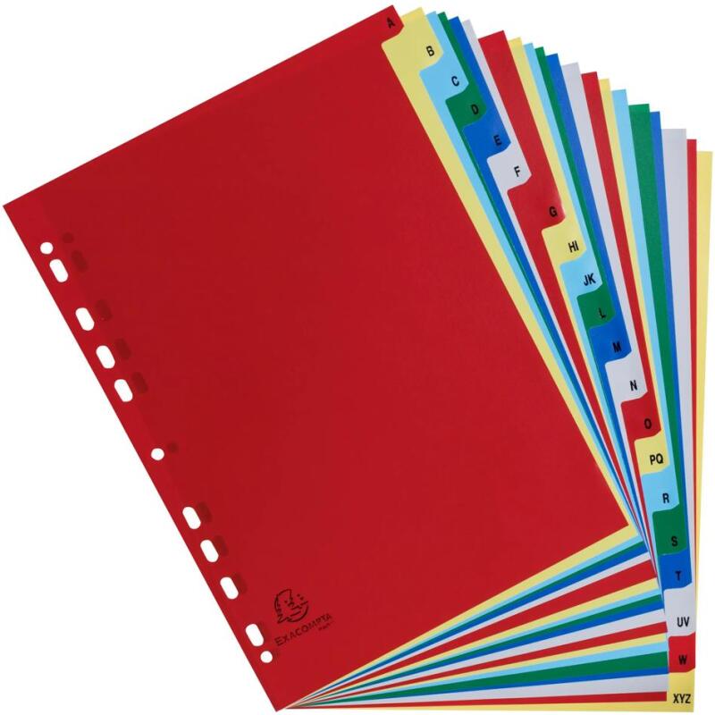 Intercalaires imprimés alphabétiques PP couleurs 12/100 AZ - A4 - Couleurs assorties