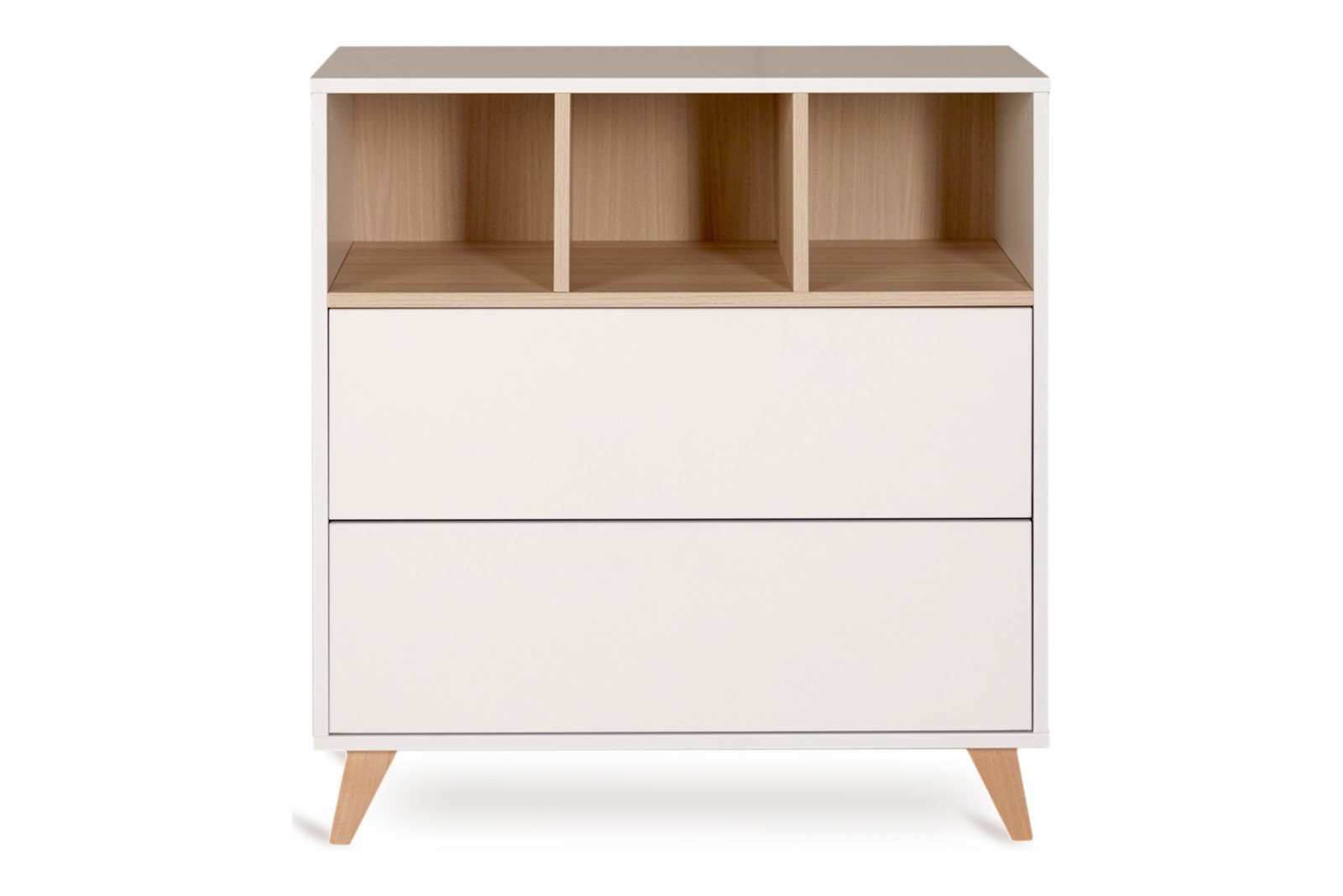Loft Kommode Kommode i heltre bøk/melamin med skuffer og åpne hyller. Hvit/bøk. Kombiner med Loft stelletopp (selges separat)