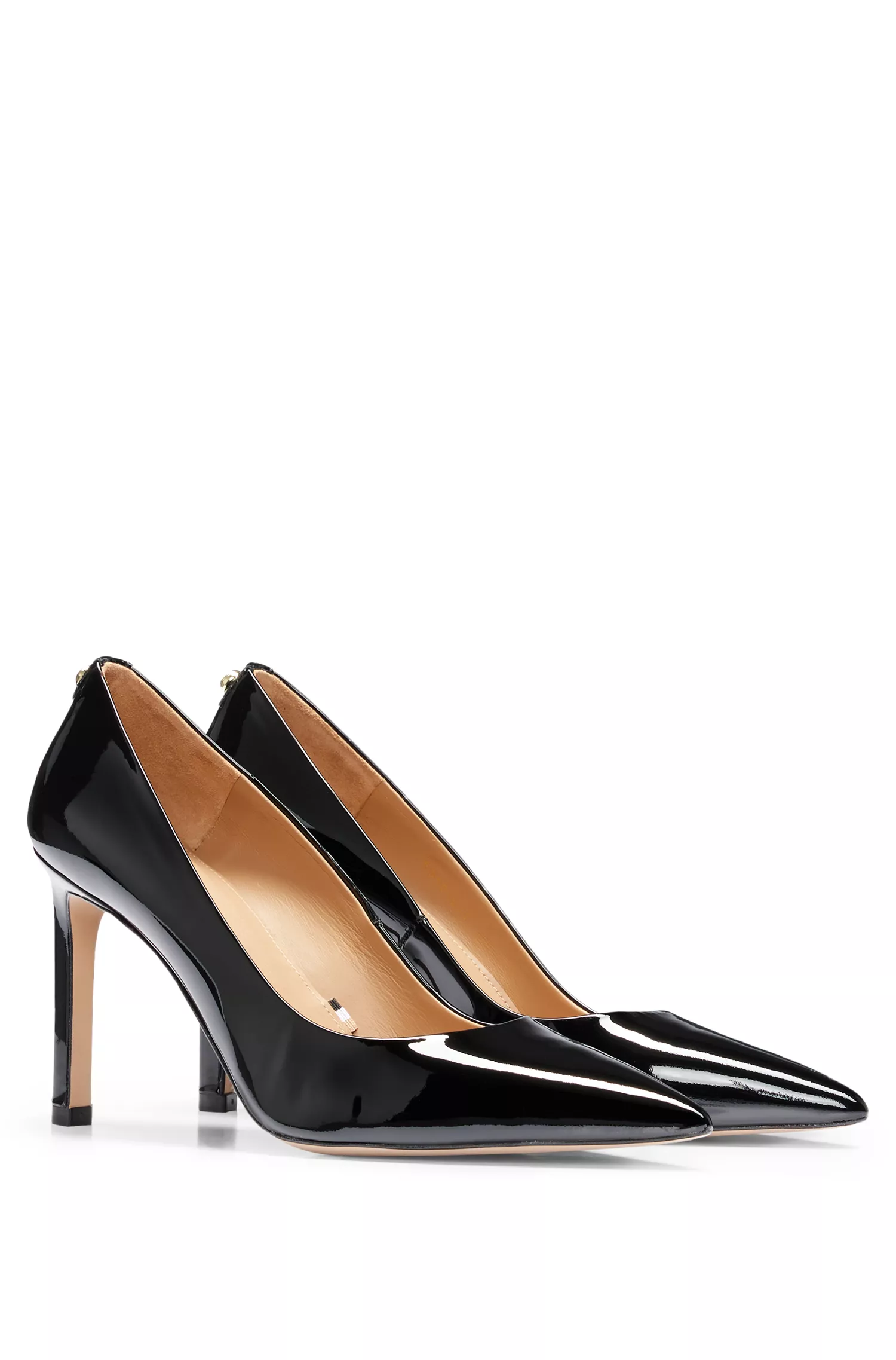Sapatos de salto alto BOSS pretos em verniz com bico fino.