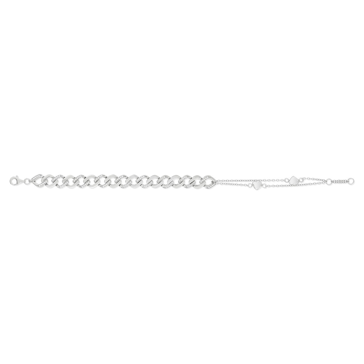 Bracelet argent 925 maille gourmette, double chaine coeur, zirconias 19 cm