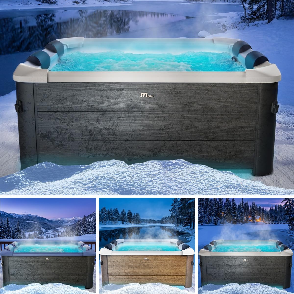 BRAST Whirlpool MSpa Frame - Oslo Sapphire & Amber mit Fester Außenwand | 160x160x65cm - 180x180x65cm | 5 Modelle | LED-Beleuchtung | 6 Personen | Ganzjähriger Einsatz Winterfest | Oslo