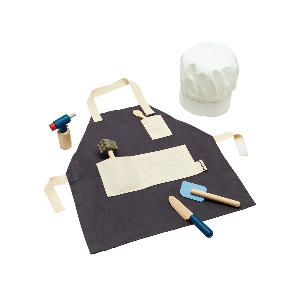 (7-tlg. Set) Holz Chef Koch Spielset Kinder Spielzeug Küchen Lern Zubehör inkl. Stoff Schürze / Mütze (3710)