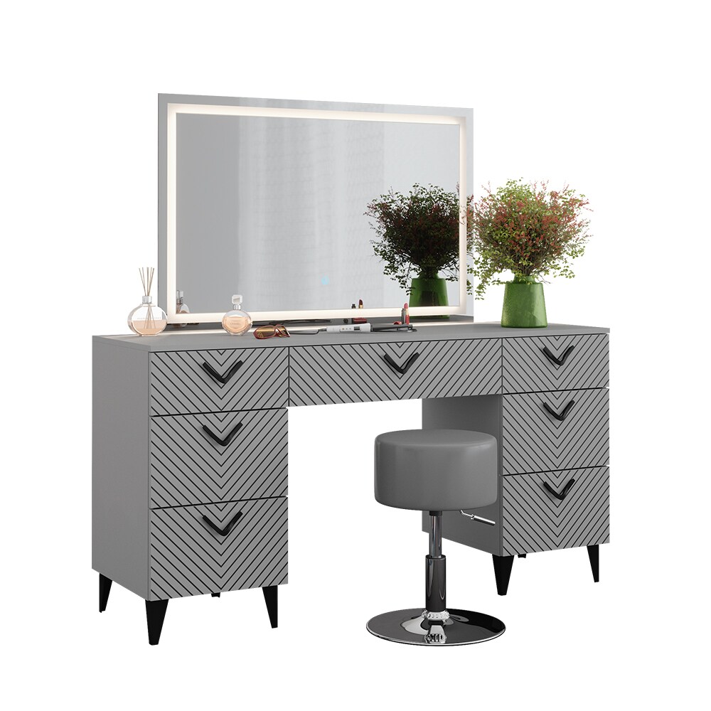 Vicco Schminktisch Anett Grau mit LED-Spiegel, Hocker, 150 x 78 cm, 7 Schubladen