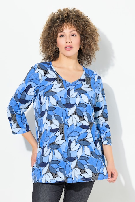 Shirt, Blätter, A-Linie, V-Ausschnitt, 3/4-Arm