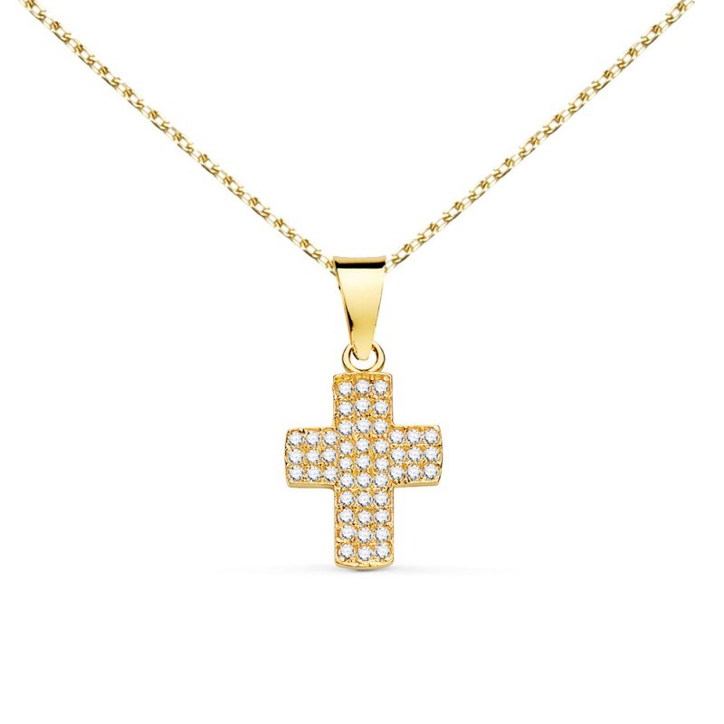 Collier - Médaille Croix Or 18 Carats 750/000 Jaune et Zirconiums - Chaine Dorée