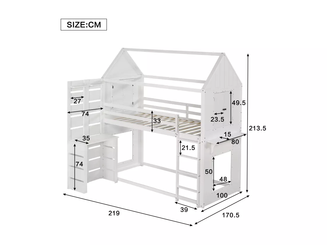 Lit mezzanine 90x200 cm en bois massif - avec bureau et échelle - Blanc