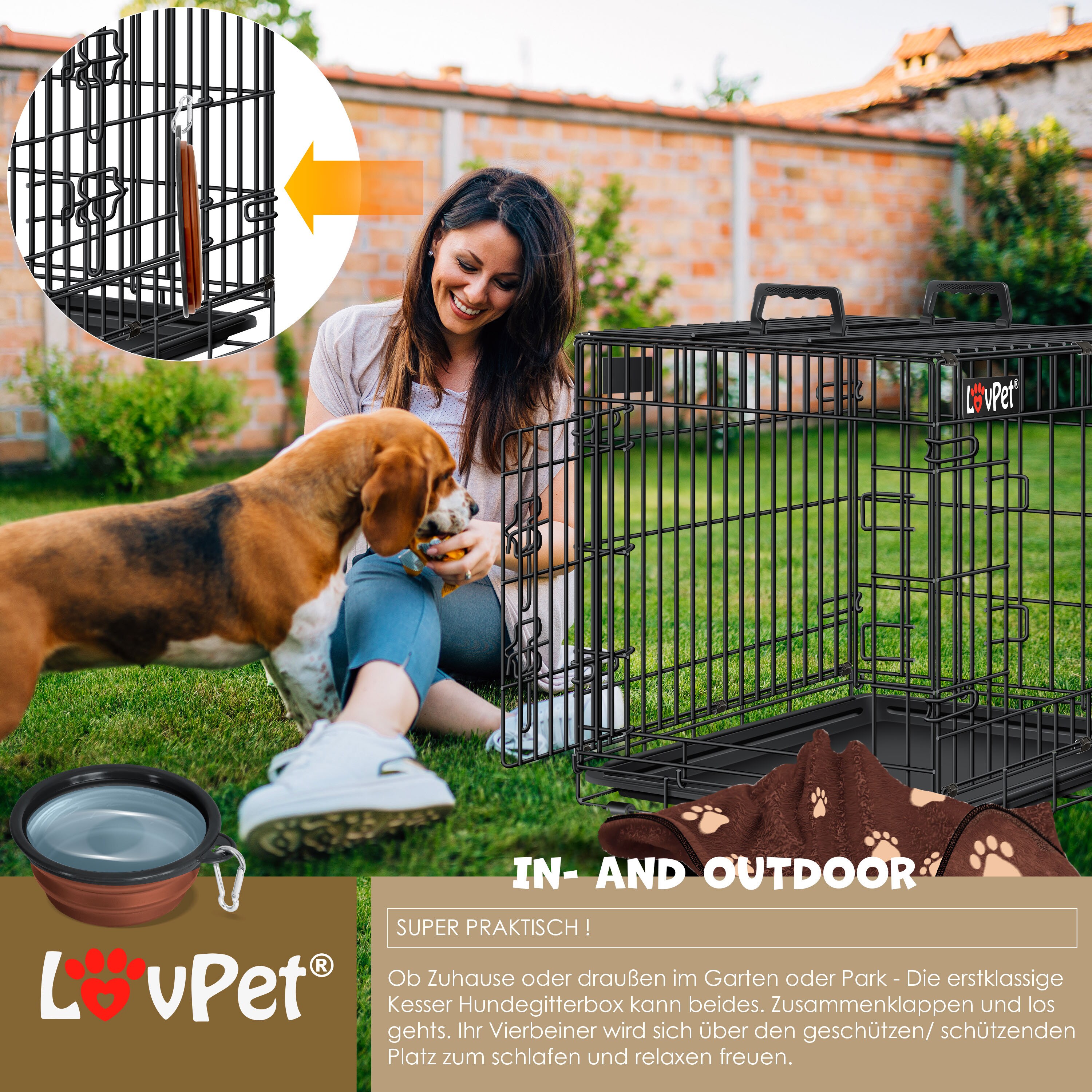 LOVPET® Hundekäfig klappbar Hundetransportkäfig Inkl. Fleecedecke + Napf Hundebox mit 2 Türen Transportkäfig Auto, Tiertransportbox Hundetransportbox mit Bodenschale