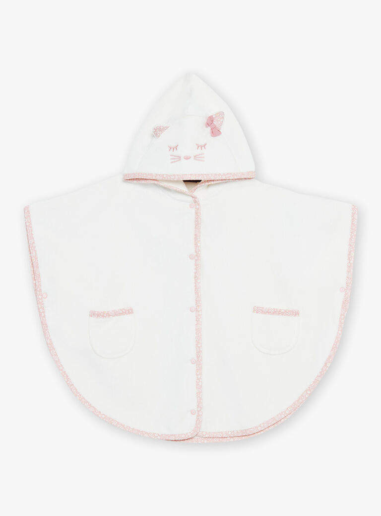 Cape de bain écru à fleurs avec capuche tête de chat et oreilles 3D