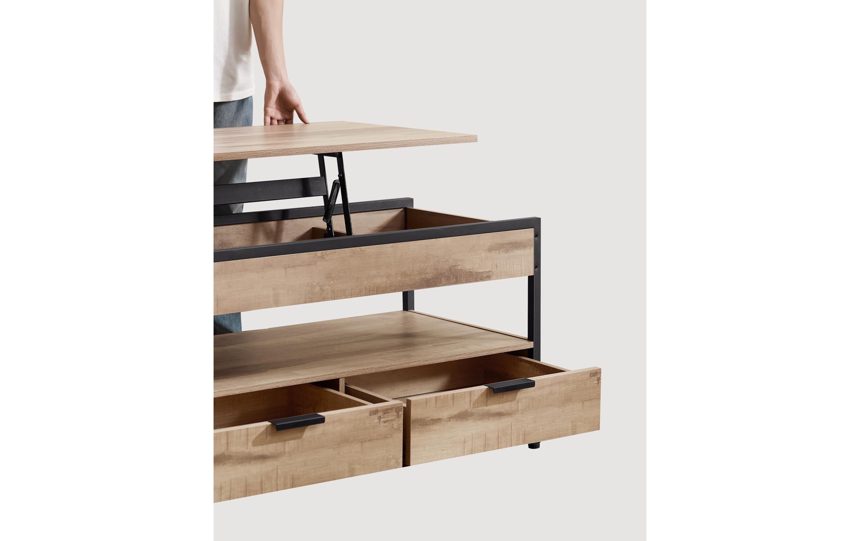 Couchtisch 100 x 48 cm/63 cm, Braun<br>Wohnzimmertisch mit hochklappbaren Schubladen