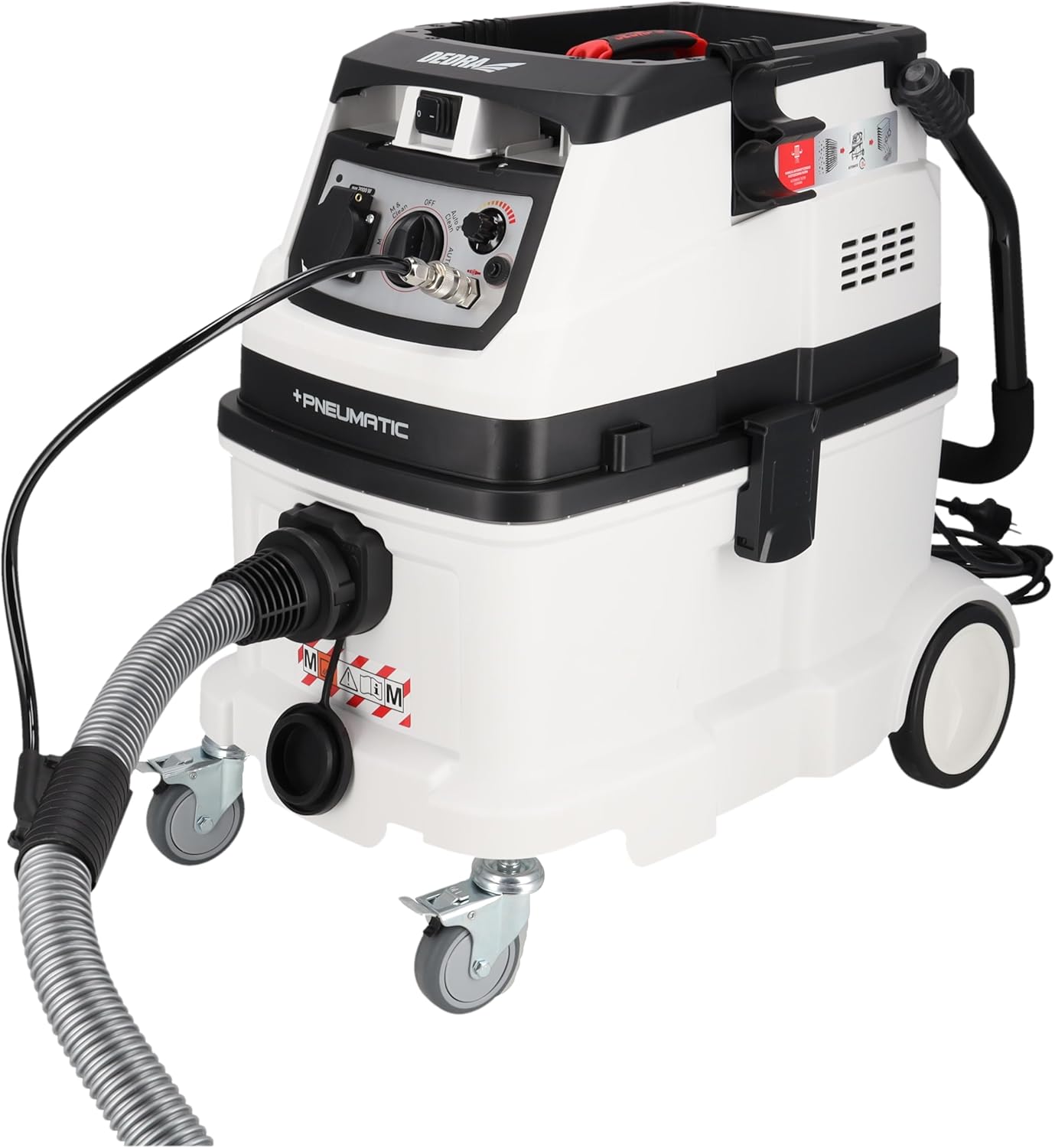 Dedra Industriestaubsauger mit automatischer Filterreinigung und anschließbarer Kompressor- und Druckluftanlage, Filterklasse M, Gewicht 17,4 kg, Saugleistung 24 kPa, Behälter 40L mit Nassbetrieb