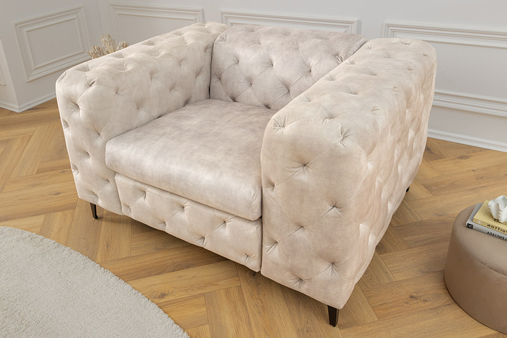 Design Chesterfield Sessel MODERN BAROCK 120cm champagner beige Samt Federkern