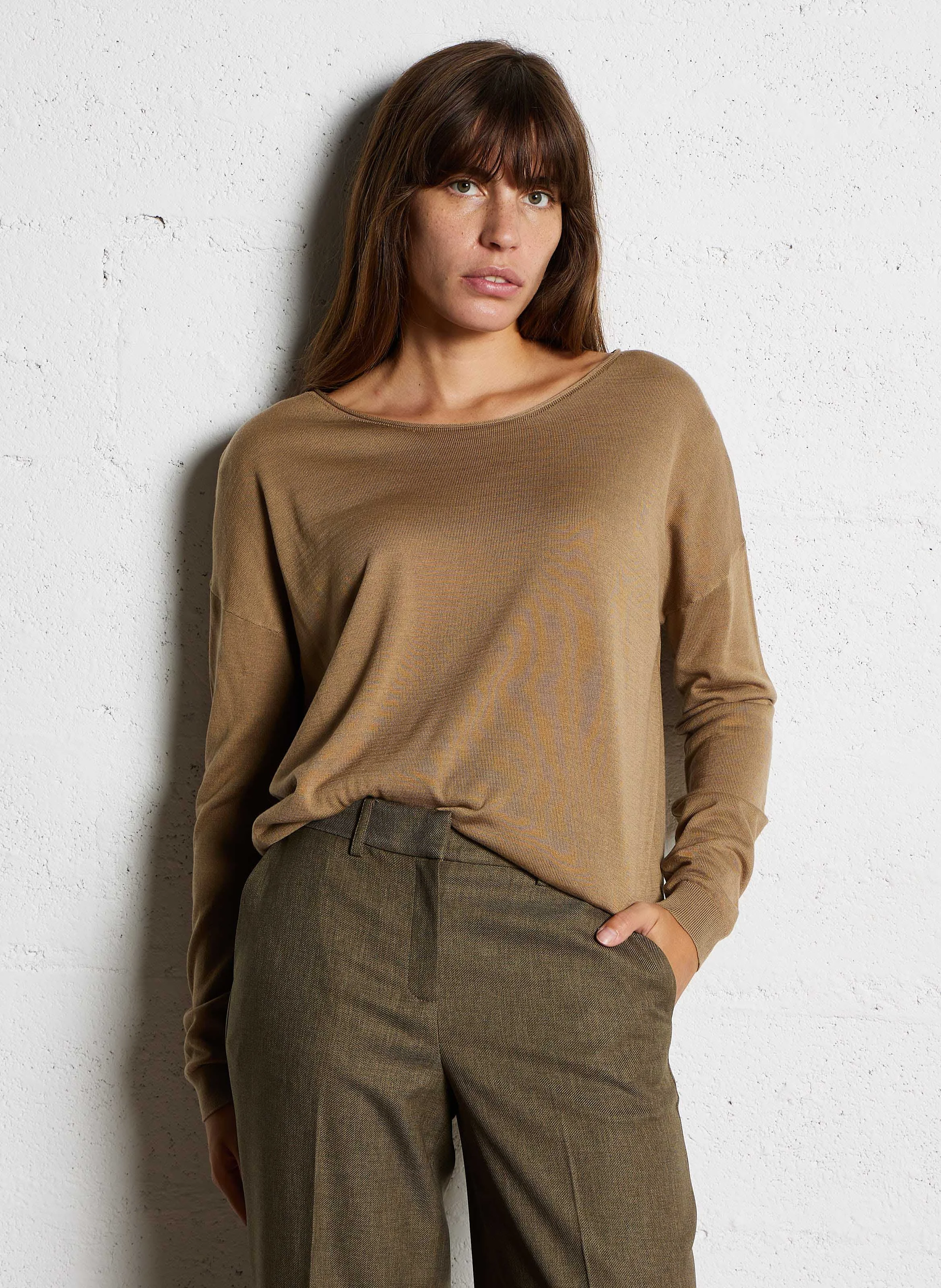 BLEUET - Pull col bateau en maille fine | Marron