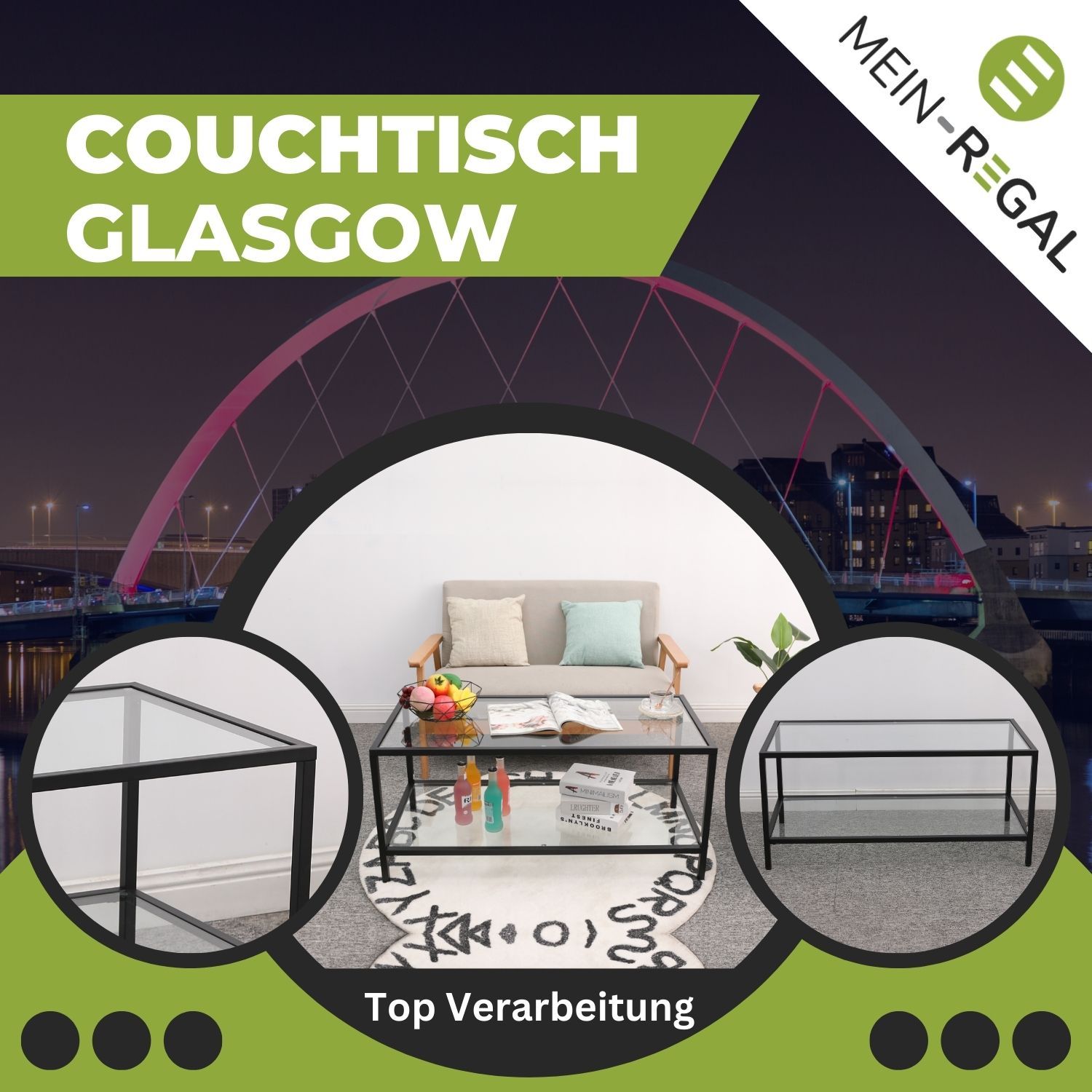 Mein-Regal Couchtisch Glasgow schwarz 100x50x45cm Metall Glasoberfläche Ablagefach