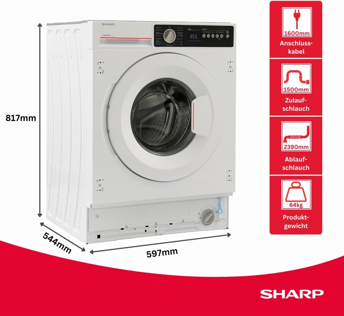Sharp ES-NIB814BWNA-DE Einbau-Waschmaschine, A (A bis G), 8 kg, 1400 U/min., Advanced Inverter Motor, Dampf, 15 Programme inkl. 15 Min. Kurzprogramm, AquaStop, Weiß