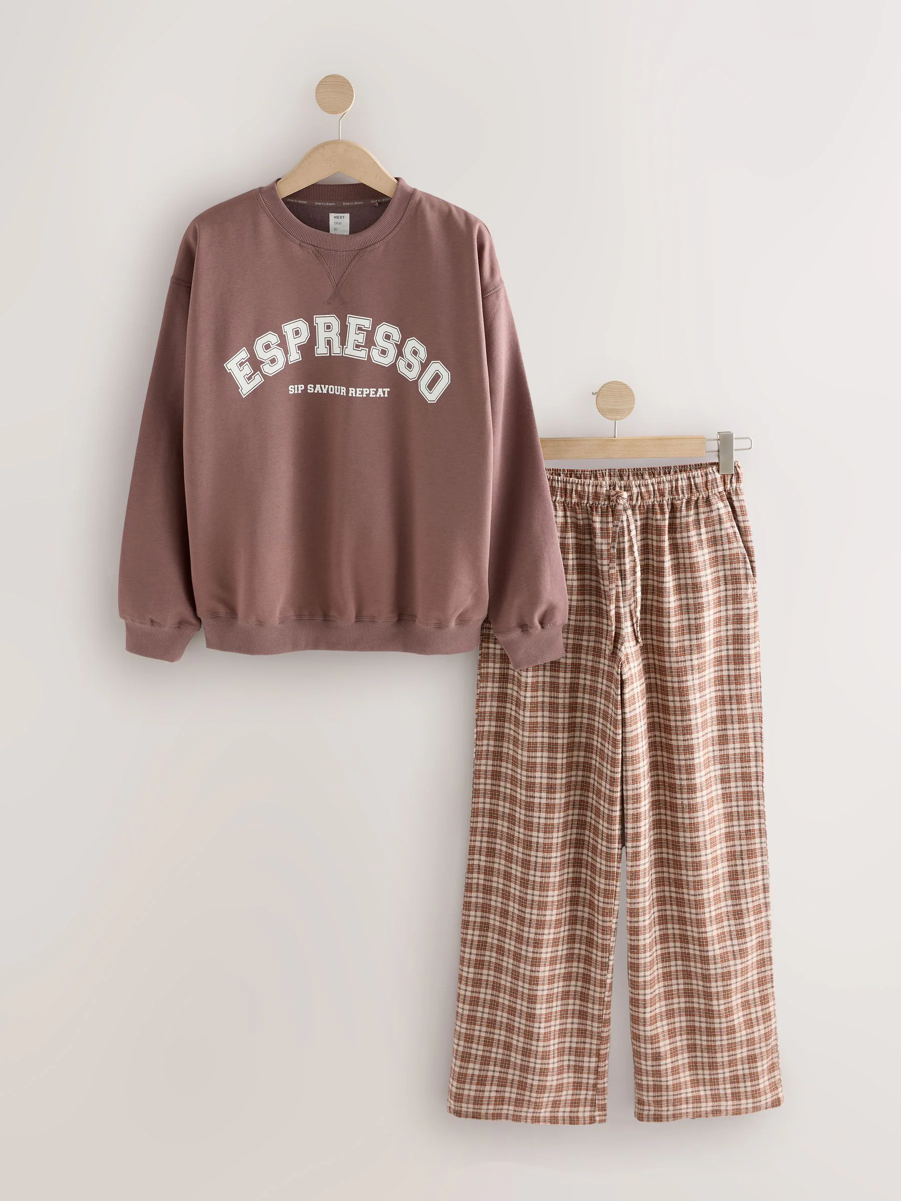 Espresso-bruin - Pyjama van sweatshirt en flanel