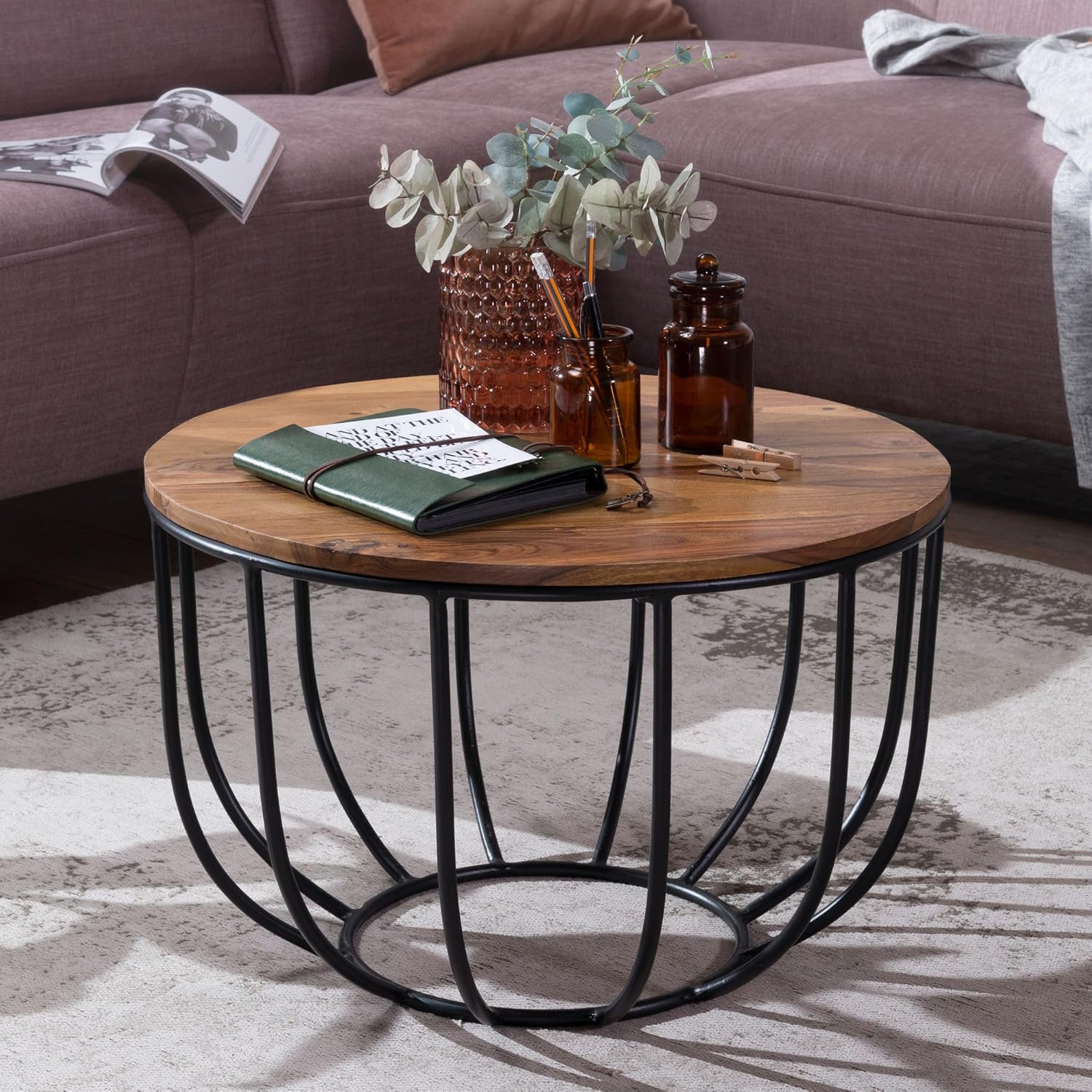 FineBuy Couchtisch Sheesham rund Ø 60 cm – Wohnzimmertisch aus Massivholz mit Metallgestell – Handgefertigter Sofatisch im modernen Industrial Design Braun