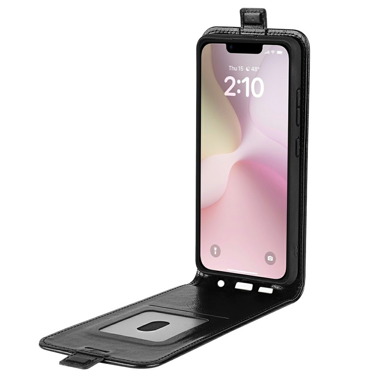 iPhone 16e Leder Tasche Flip Cover Vertikal im Retro Look mit Kartenfach - Schwarz