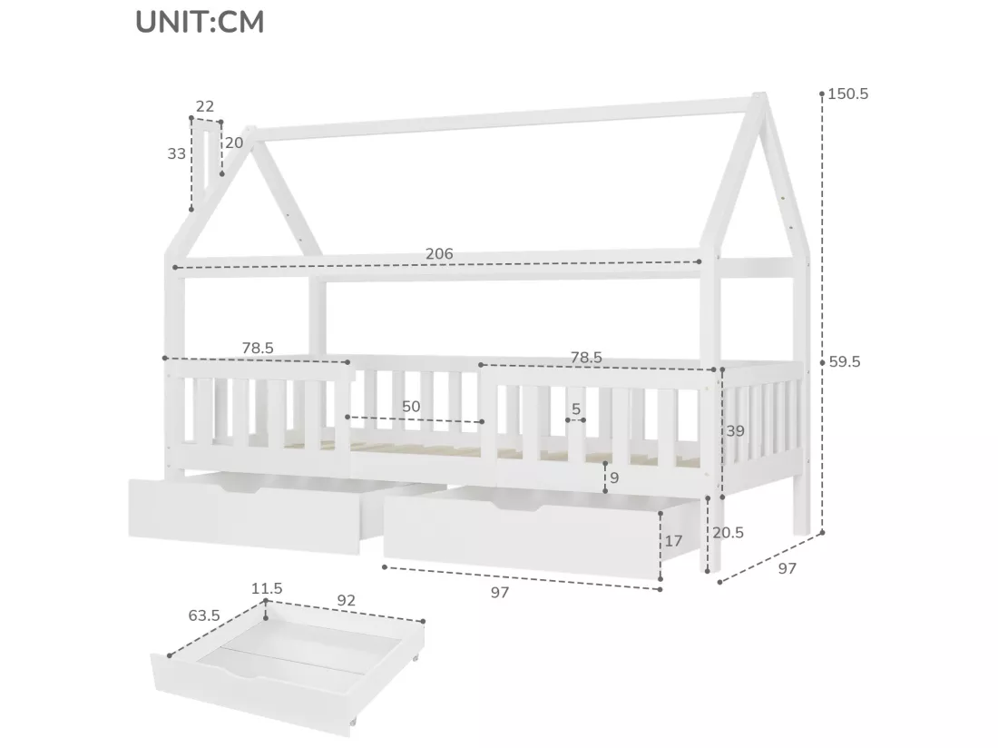 Lit cabane pour enfant 90x200cm - Bois pin massif - 2 Tiroirs espace de rangement - avec sommier à lattes et barrière - Blanc