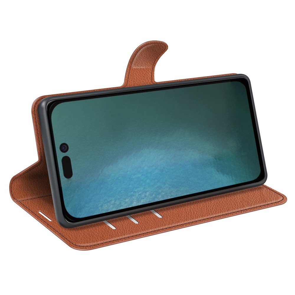iPhone 14 Leder Tasche Flip Cover Litchi Look - Braun