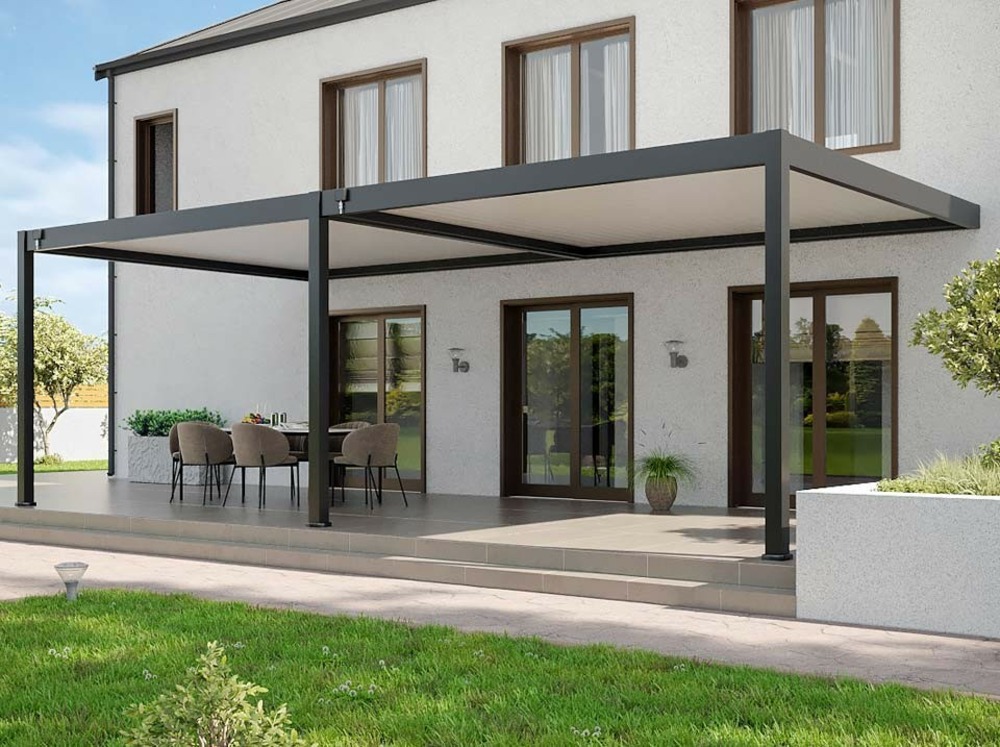 Pergola bioclimatique 4x8 - halo 32 anthracite adossee - lames orientables jusqu’a 120° - etanche - traite anti-uv - garantie 5 ans