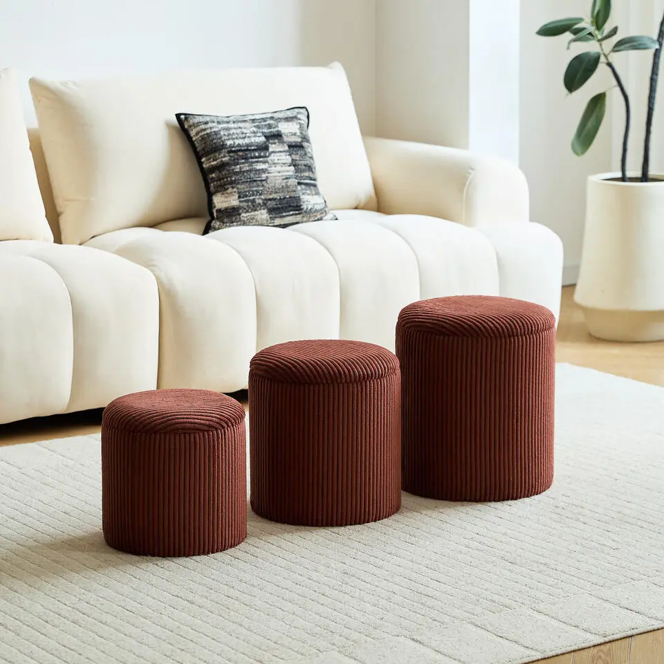 Set van 3 poefs met opbergruimte van hout en ribfluweel