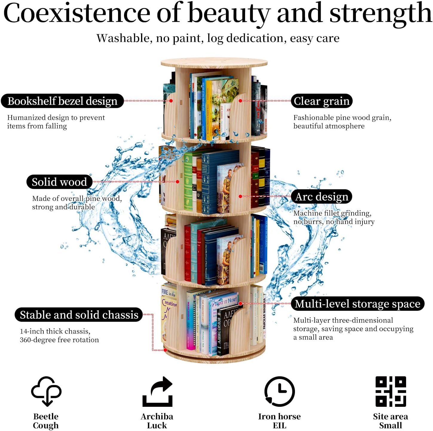 PTUWODS Drehbares Bücherregal, Standregal, 360 Grad, Lagerregal für Bibliothek, Schlafzimmer, Wohnzimmer, multifunktionales Bücherregal Massivholz (5 böden)