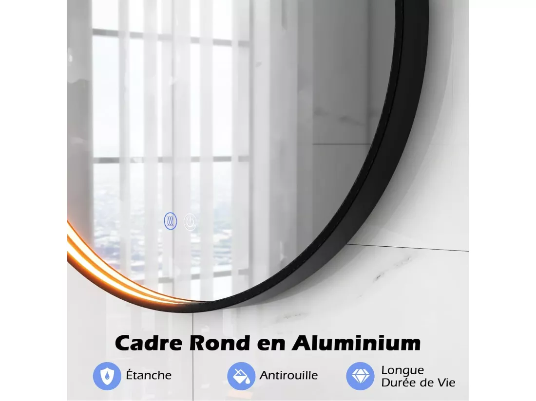Miroir salle de bain avec eclairage 60 x 60 cm, miroir mural, interrupteur tactile