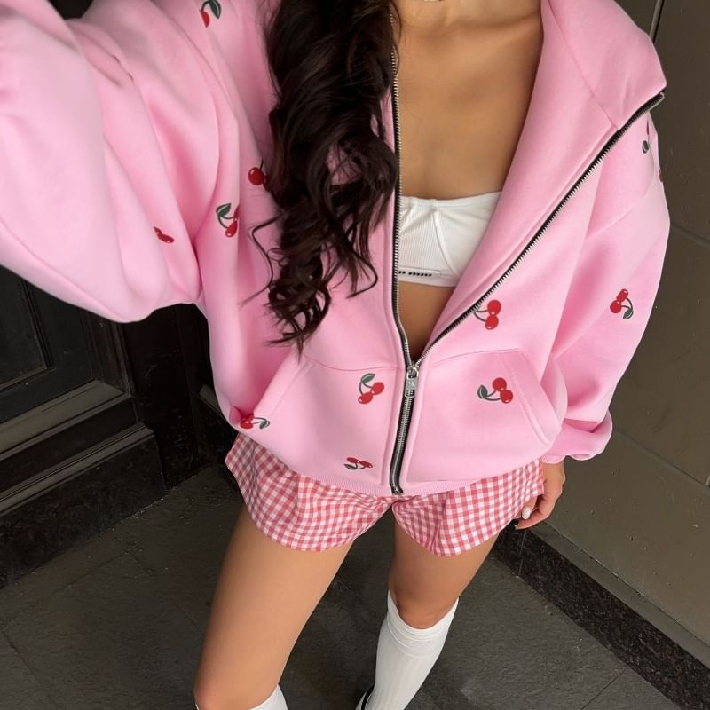 500 STUDIO - Oversized hoodie met kersenprint en rits