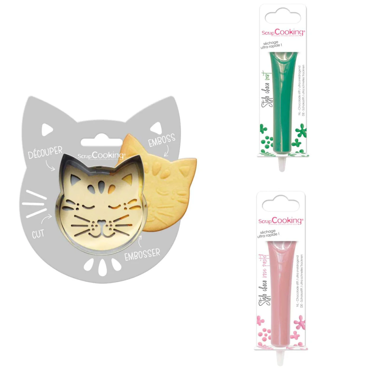Kit pour biscuit en relief Chat + 2 Stylos au chocolat vert et rose pa