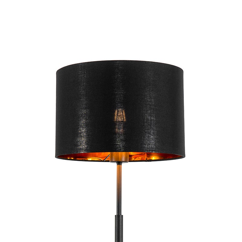 QAZQA - Moderne staande lamp, zwart met gouden en messing details - VT 1 | Woonkamer | Slaapkamer - Ronde stoffen kap - LED-compatibel, E27-fitting