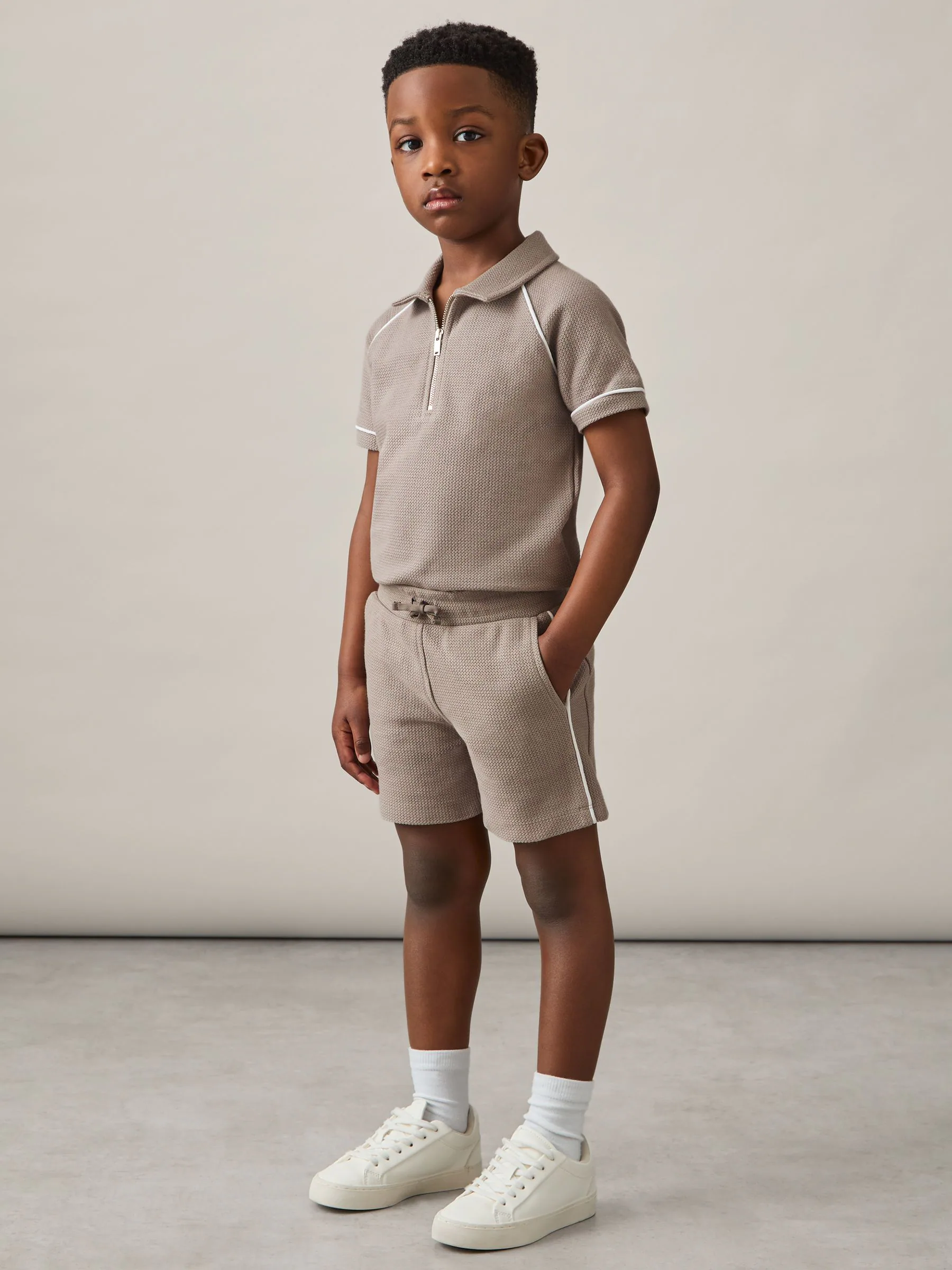 Nertsgrijs/bruin - Reiss Pinta Cotton Textured Piped Shorts